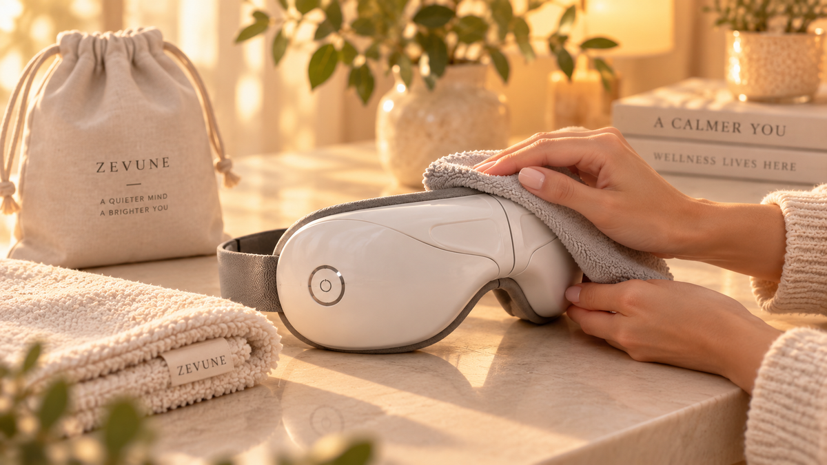 ZEVUNE EyeReset eye massager being gently cleaned with a soft cloth in a warm home setting.