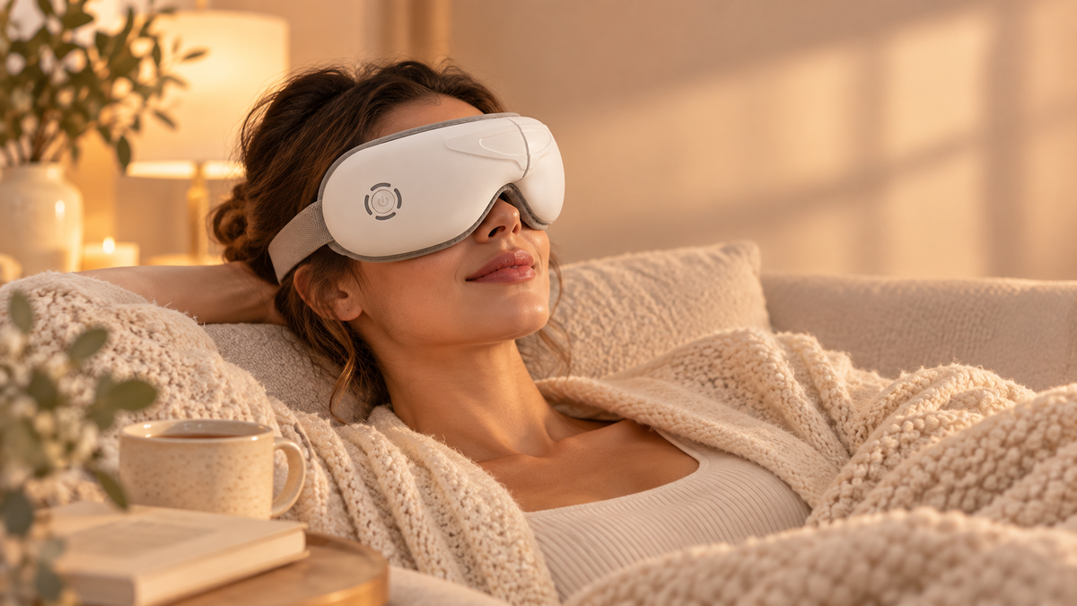 Woman relaxing with ZEVUNE EyeReset™ eye massager during a cozy evening wind-down routine