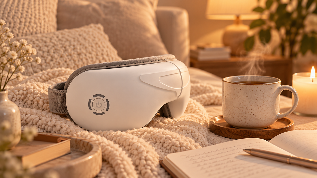 ZEVUNE EyeReset™ eye massager beside tea, a journal, and soft lighting in a cozy evening self-care setting