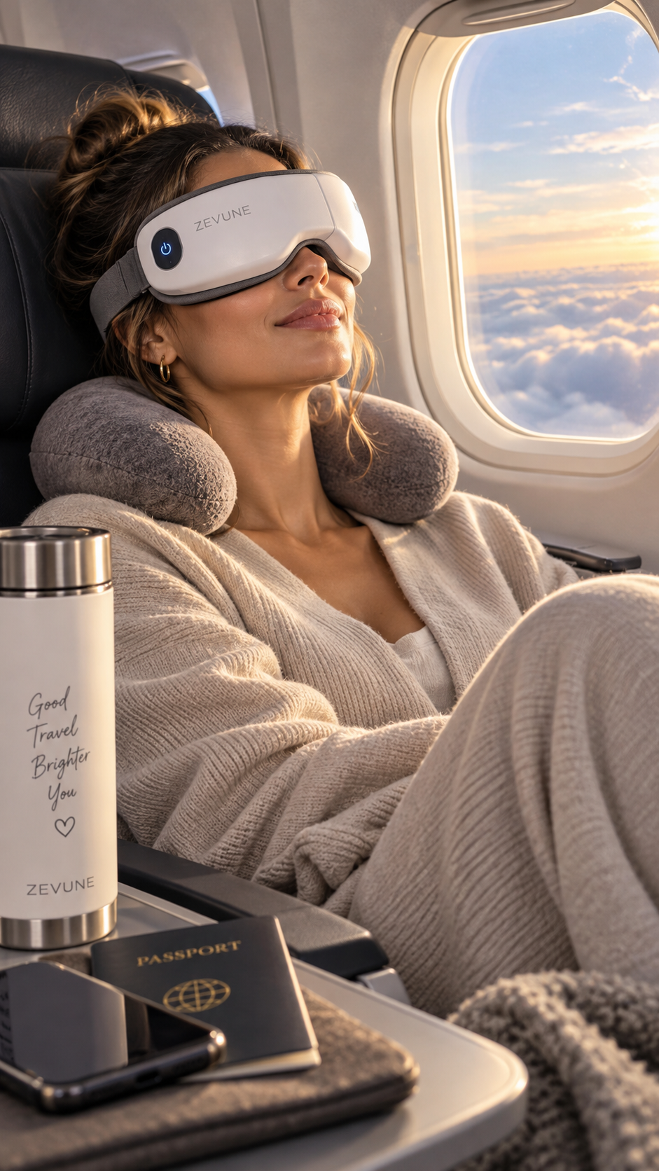 Woman relaxing on an airplane wearing the ZEVUNE EyeReset™ eye massager during a long travel day.
