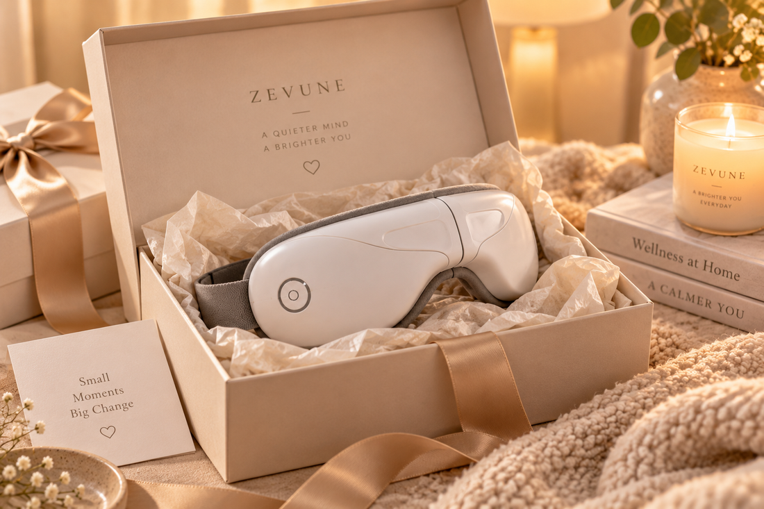 ZEVUNE EyeReset eye massager presented as a premium self-care gift in a warm lifestyle setting