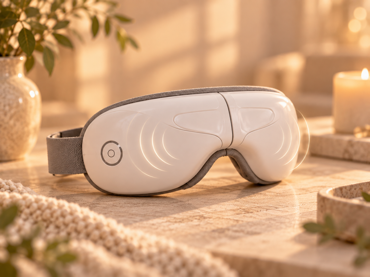 ZEVUNE EyeReset eye massager shown with a subtle illustration of rhythmic air compression around the eye area.