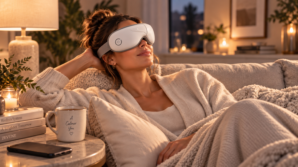 Woman relaxing on a sofa wearing the ZEVUNE EyeReset eye massager during a cozy evening self-care routine.