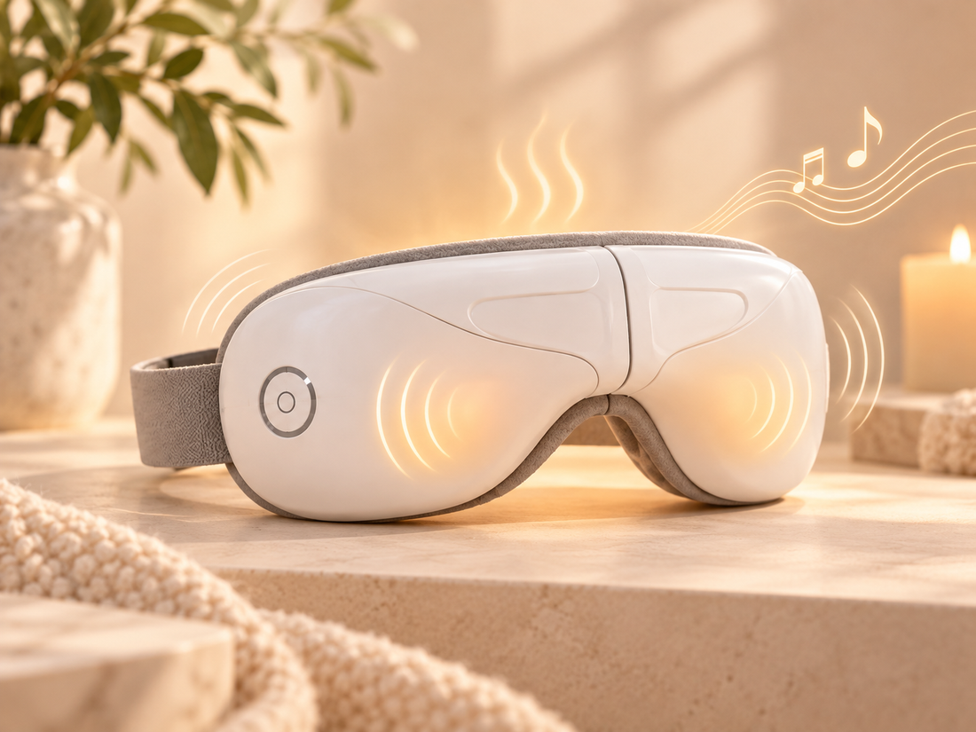 ZEVUNE EyeReset eye massager displayed with its five relaxation modes in a clean lifestyle setting.