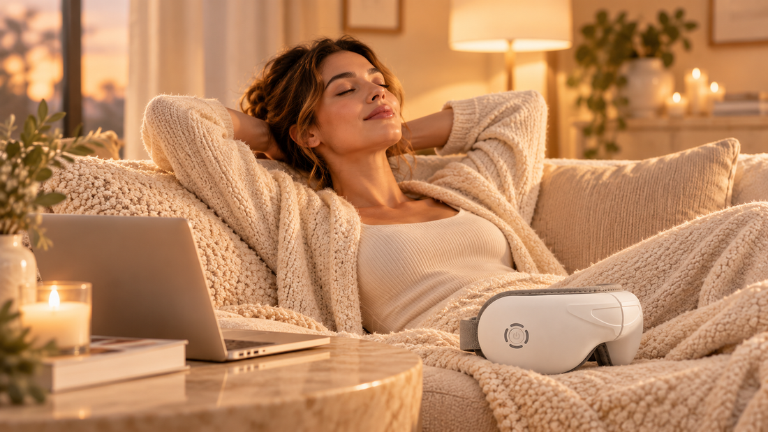 Woman unwinding after a screen-heavy workday with ZEVUNE EyeReset™ nearby