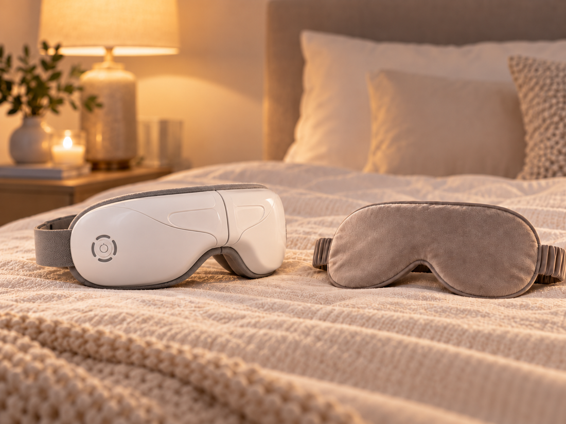 ZEVUNE EyeReset eye massager beside a traditional sleep mask on a cozy bed in a warm bedroom setting.