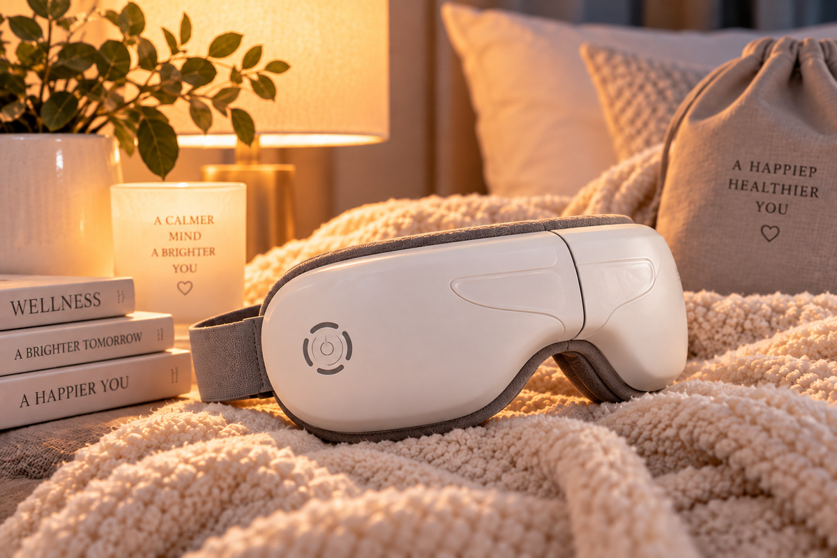 ZEVUNE EyeReset heated eye massager in a warm, relaxing bedroom setting.